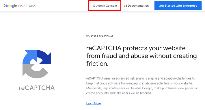 reCAPTCHAの公式サイトの「v3 Admin Console」をクリック